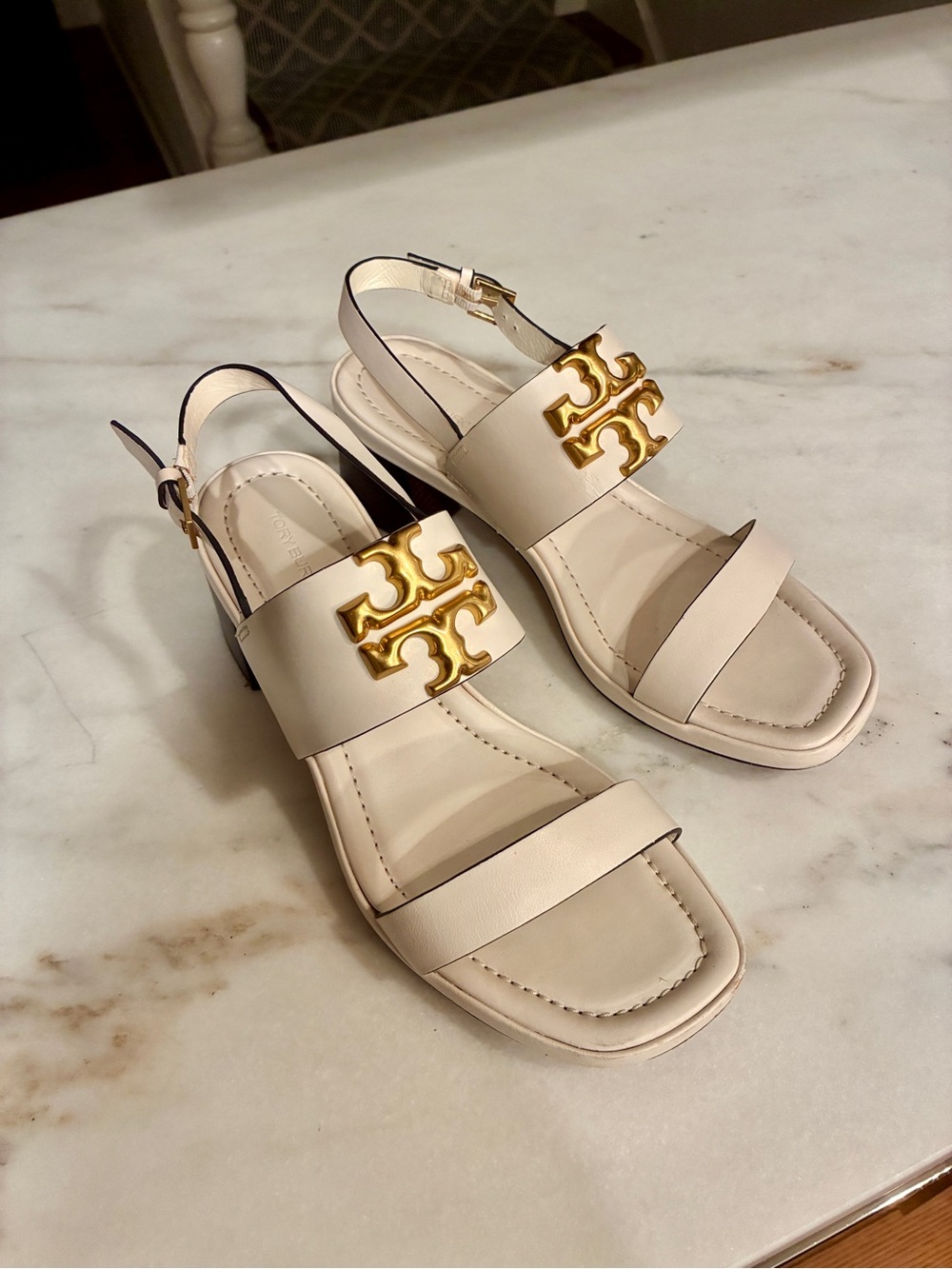 Tory Burch Ivory Leather Slingback Sandals with Gold Logo